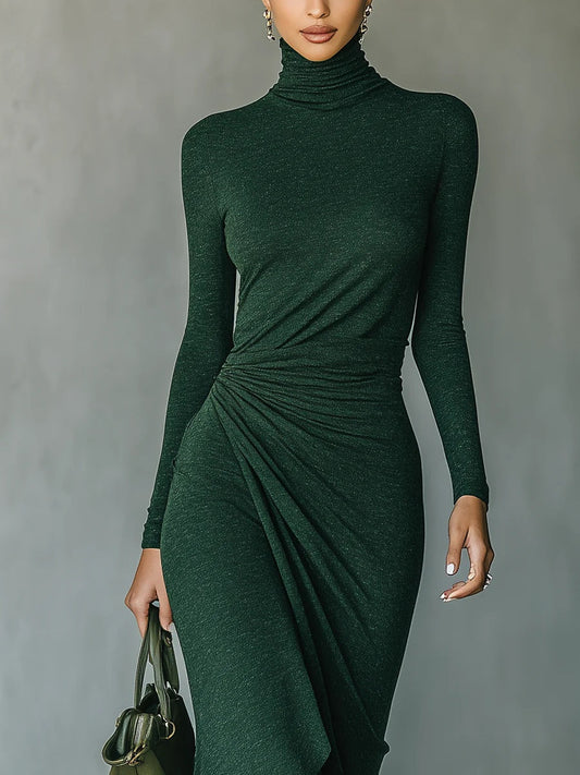 LUZ MARIA - VESTIDO MINI CRUZADO PLISADO ASIMETRICO VERDE OBSCUEO CON CUELLO ALTO Y PLIEGUES ASIMETRICOS