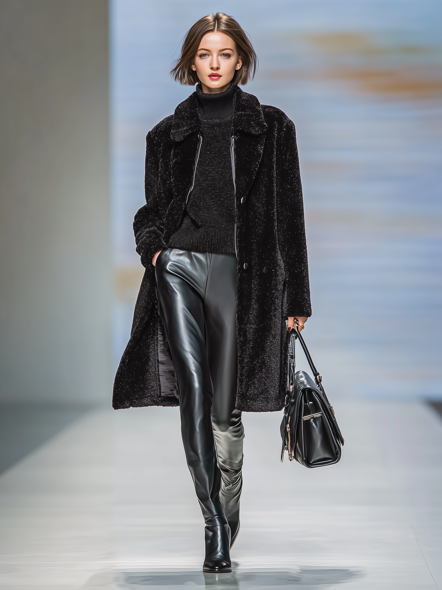 ABRIGO DE PIEL SINTETICA DE MUJER CON CUELLO DE SOLAPA