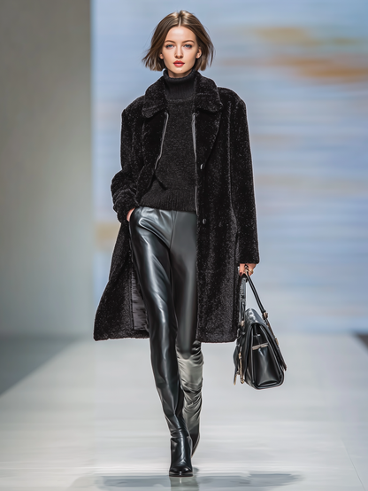 ABRIGO DE PIEL SINTETICA DE MUJER CON CUELLO DE SOLAPA