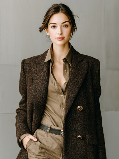 ABRIGO LARGO DE MEZCLA DE LANA CON RAYAS MINIMALISTAS EN ESPIGA