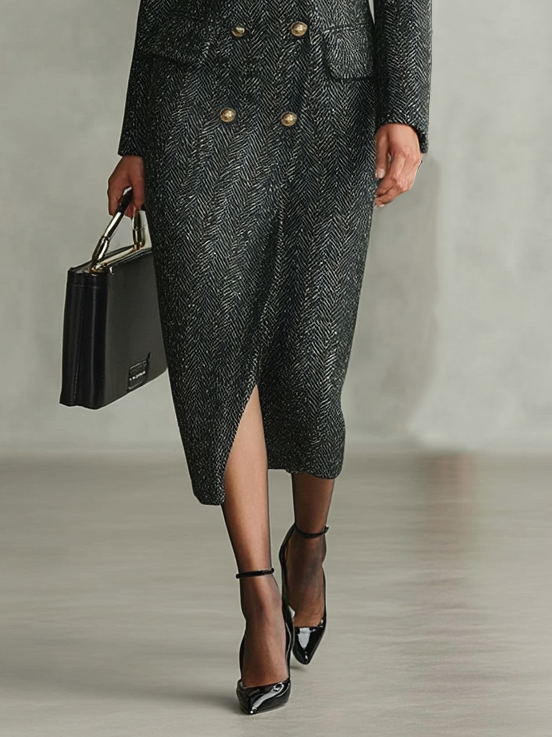 ABRIGO LARGO CON CUELLO DE PIEL DESMONTABLE Y DISEÑO MINIMALISTA EN ESPIGA