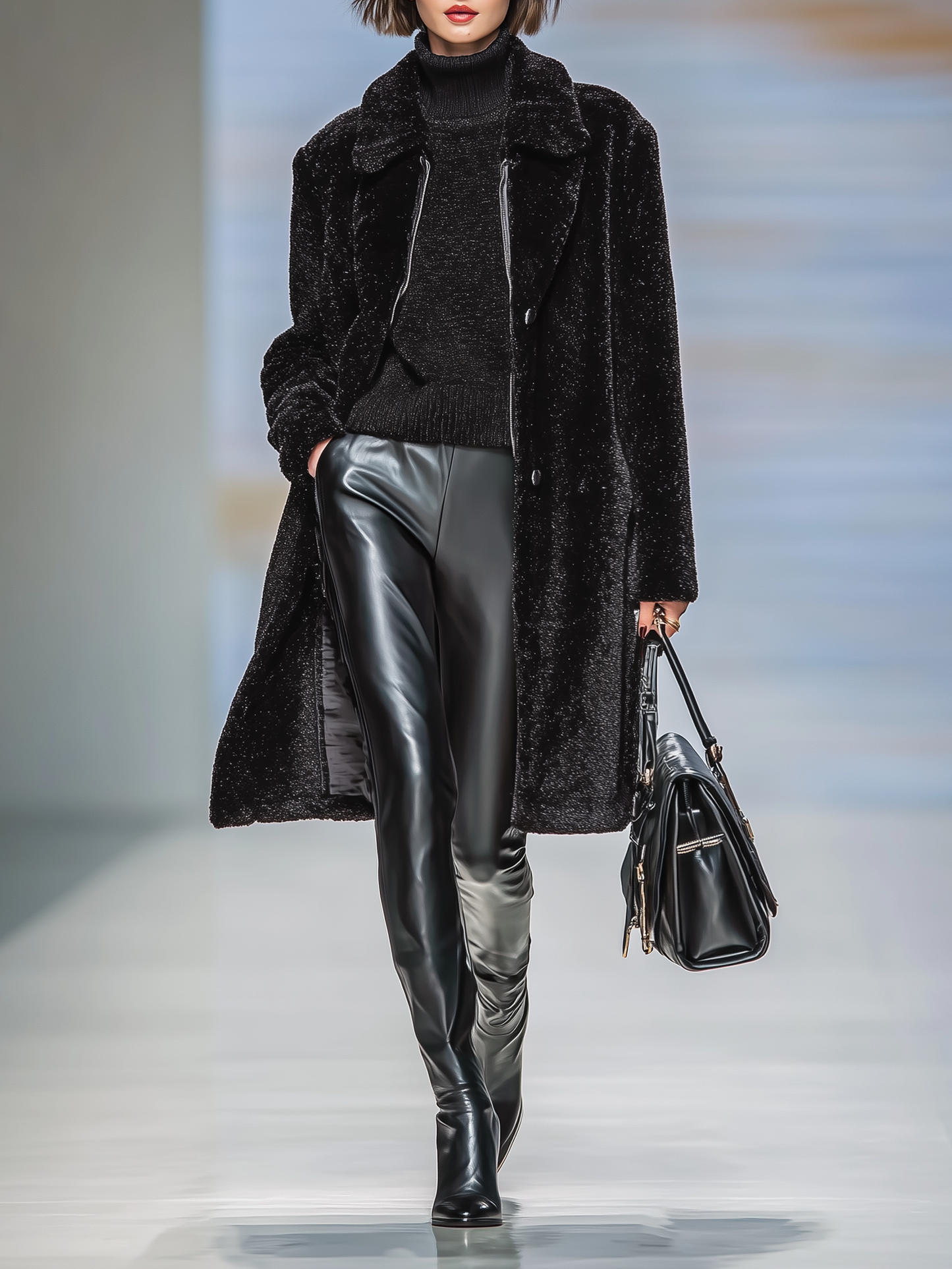 ABRIGO DE PIEL SINTETICA DE MUJER CON CUELLO DE SOLAPA