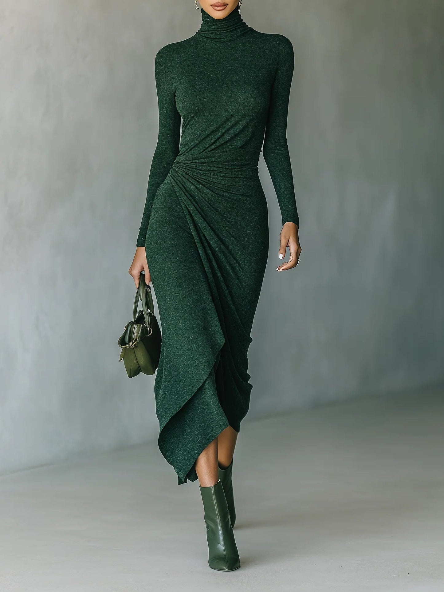 LUZ MARIA - VESTIDO MINI CRUZADO PLISADO ASIMETRICO VERDE OBSCUEO CON CUELLO ALTO Y PLIEGUES ASIMETRICOS