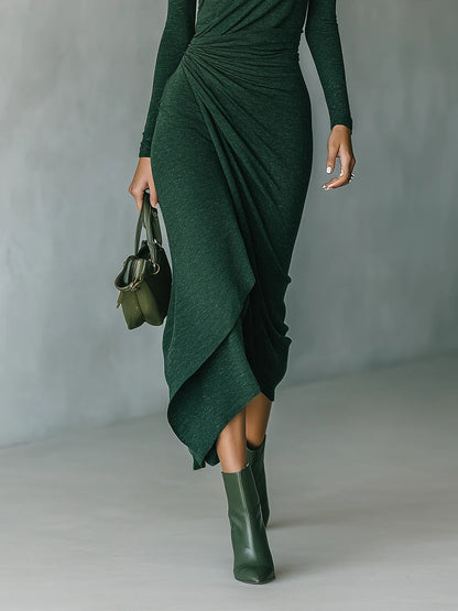 LUZ MARIA - VESTIDO MINI CRUZADO PLISADO ASIMETRICO VERDE OBSCUEO CON CUELLO ALTO Y PLIEGUES ASIMETRICOS