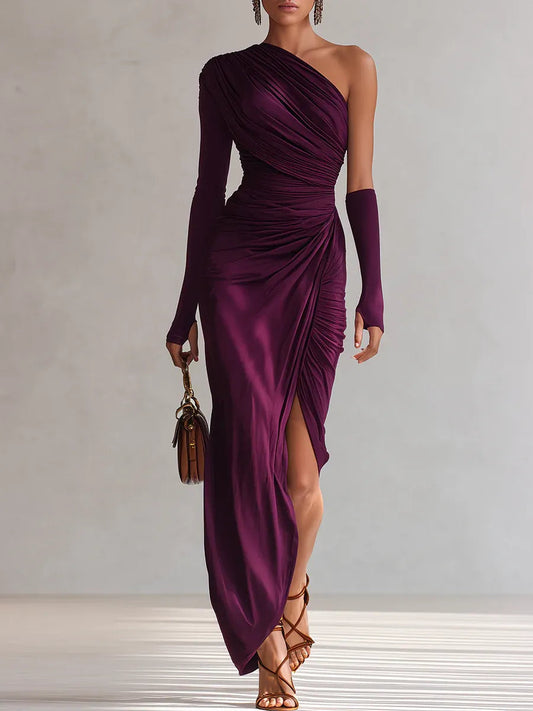 ROSALIA - ELEGANTE VESTIDO LARGO MORADO DE UN SOLO HOMBRO
